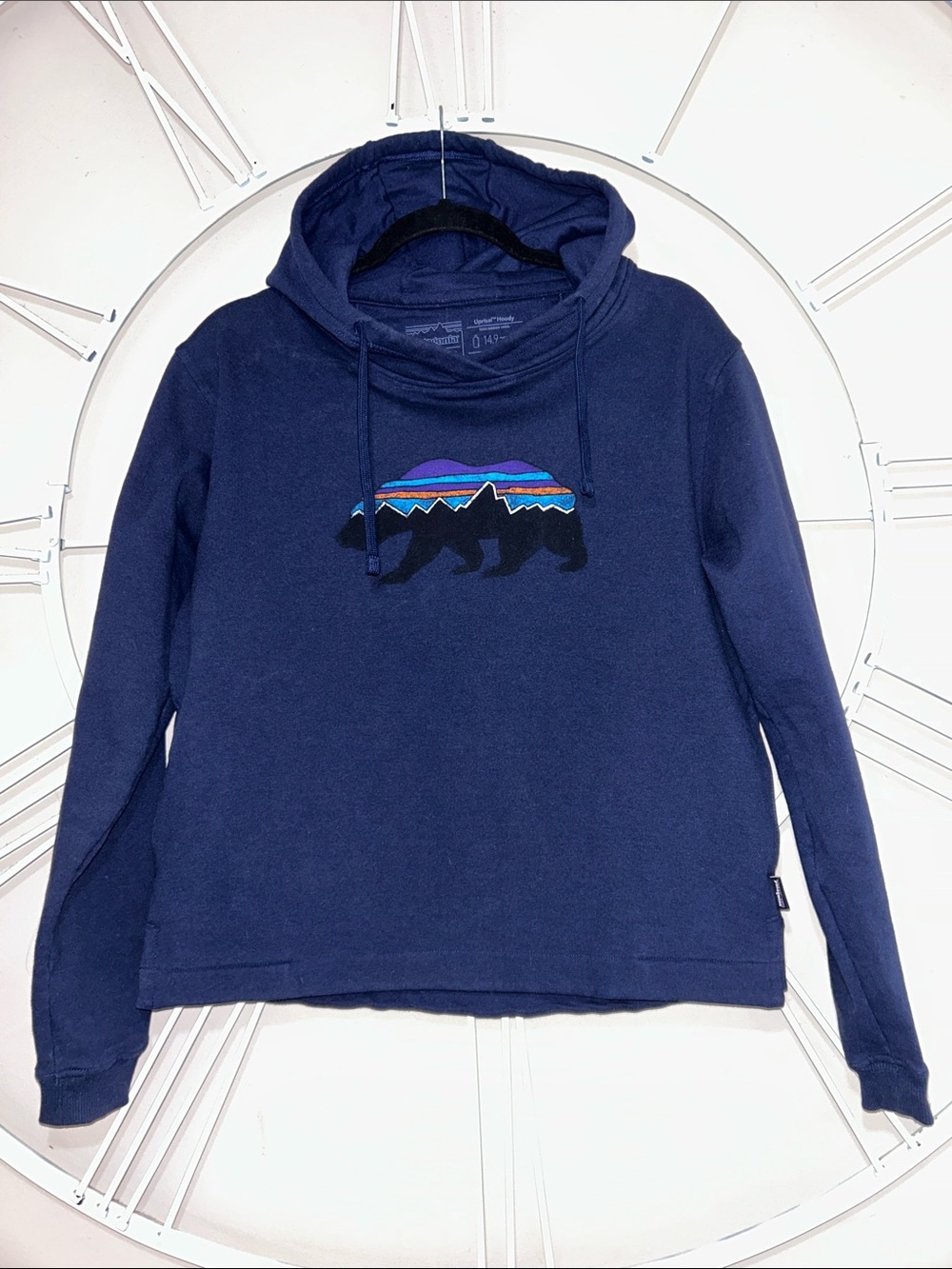 Patagonia Woman’s Fitz Roy Bear Uprisal Logo Hoody Pullover in Navy Blue